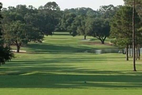 a golf course with trees in the background